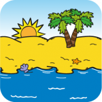 cartoon beach scene with setting sun, palm trees, shells and sea